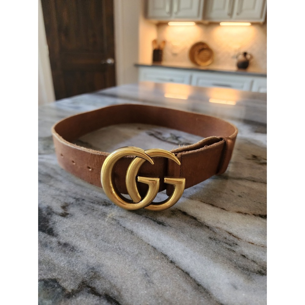 Gucci Brown Leather Double G Buckle Belt 409416 CVE0T Size 70 28 Gold Hardware
